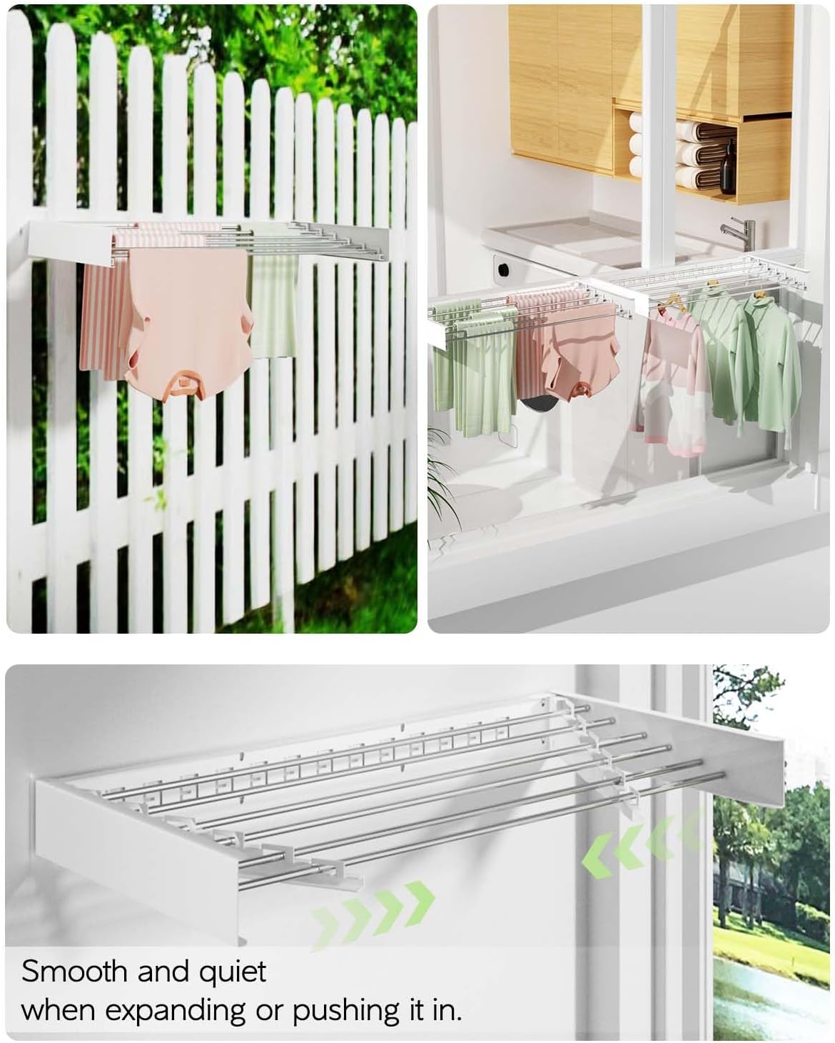 Wall Mounted Clothes Drying Rack 40 inches, Foldable Wall Mount Laundry Rack Folding Indoor, Drying Rack Clothing Collapsible, Hidden Space Saver with Wall Template, 6 Rods, White