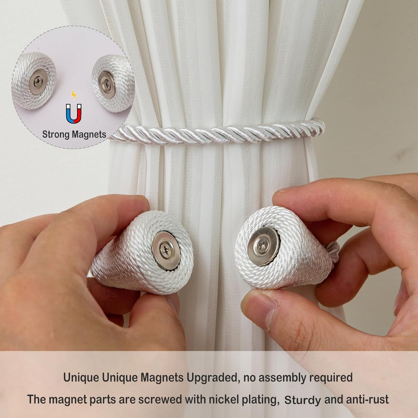 Magnetic Curtain Tiebacks 2 Pack Outdoor Rope Curtain Tie Backs Decorative Window Treatment Holdbacks for Home Decorative Curtain, White