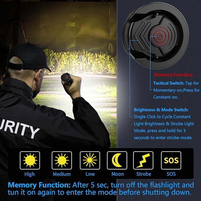 Zoomable Tactical Flashlight High Lumens-2600 LM Ultra Bright LED with 6 Modes,Zoomable,Dual Switches,110H Runtime,Memory Function,Waterproof,USB-C Rechargeable for Defense, Security,Outdoor&Emergency