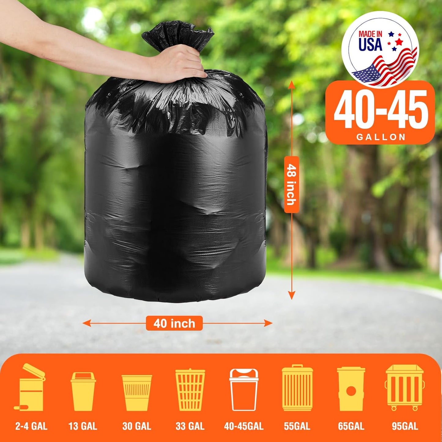 Delxo 40-45 Gallon Black Trash Bags, 125 Count – Heavy Duty Contractor Garbage Bags, Thick, Durable & Puncture-Resistant Plastic – Made in USA for Kitchen, Yard & Commercial Use