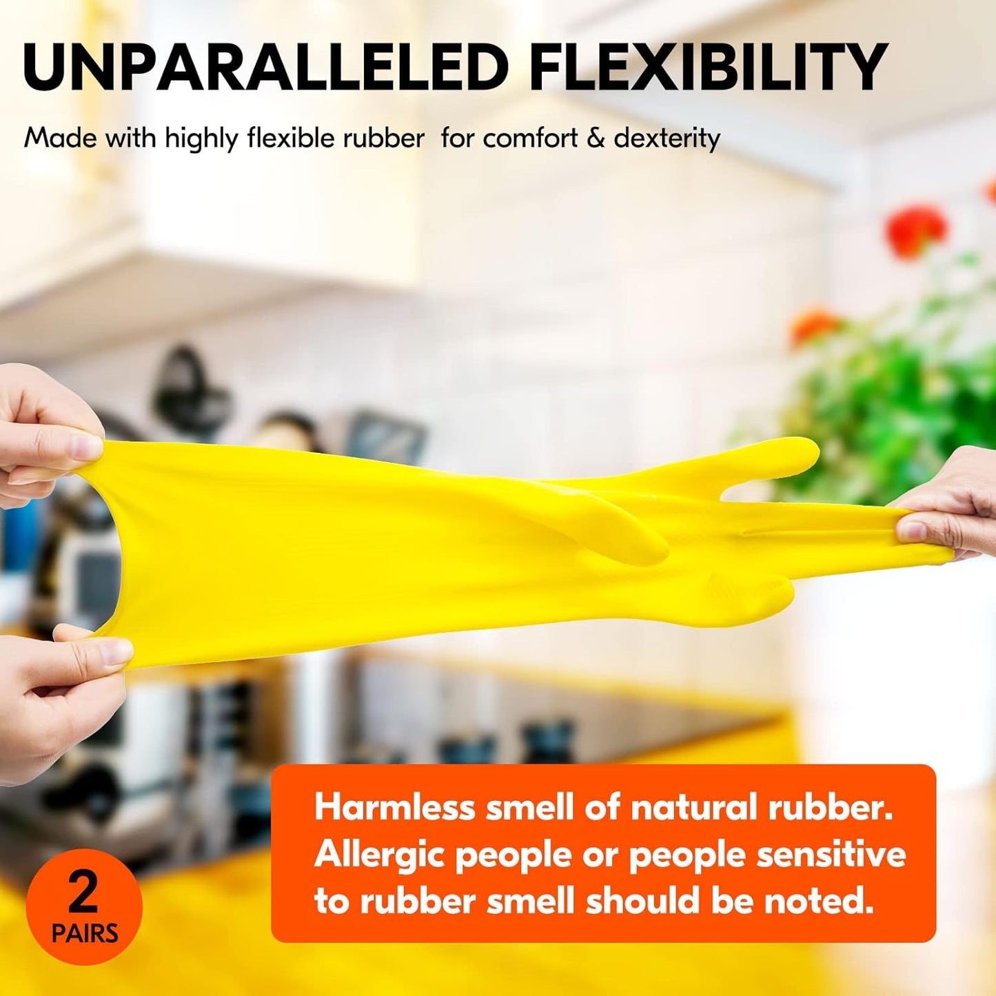 Vgo... 2-Pairs Reusable Household Gloves, Rubber Dishwashing gloves, Extra Thickness, Long Sleeves, Kitchen Cleaning, Working, Painting, Gardening, Pet Care (Size M, Yellow, HH4601)