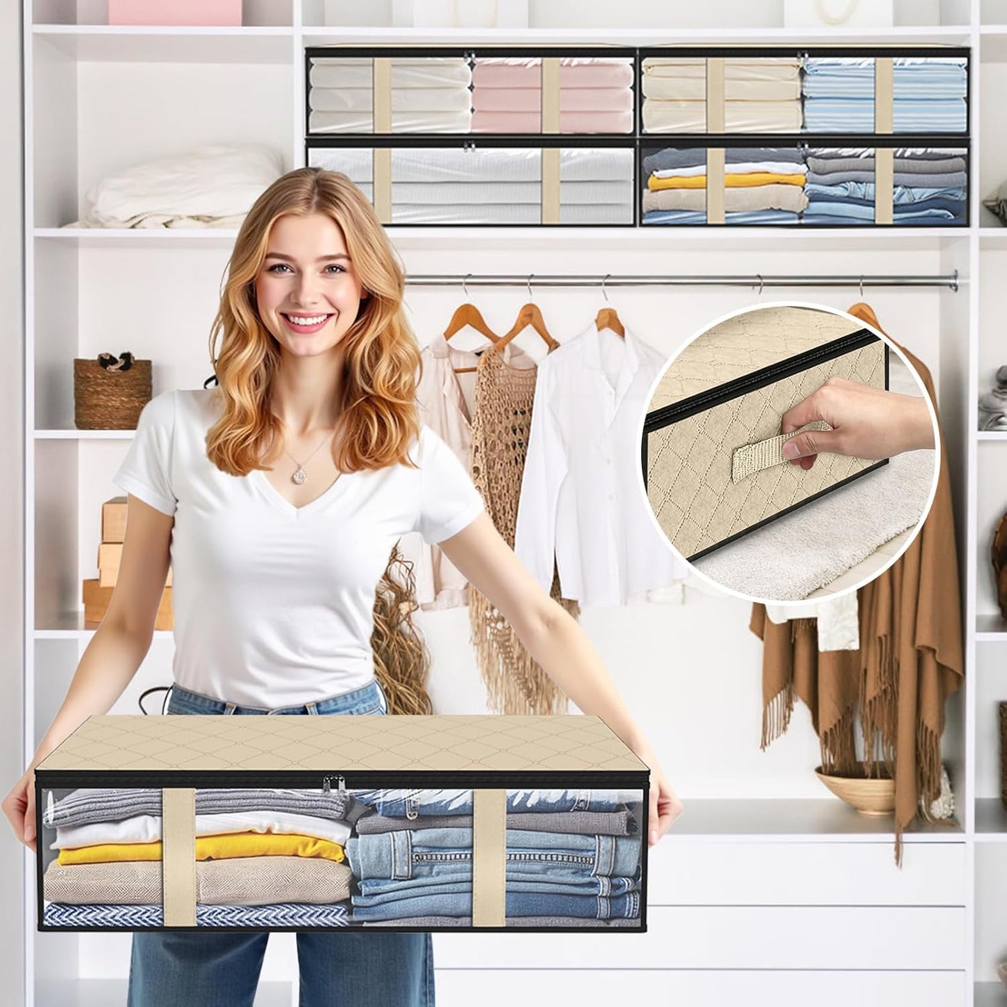 StorageRight Under Bed Storage Bins, 4-Pack 40L Foldable Fabric Storage Bags with Transparent Window, Breathable Organizer for Clothes/Blanket/Comforter/Quilts,Beige