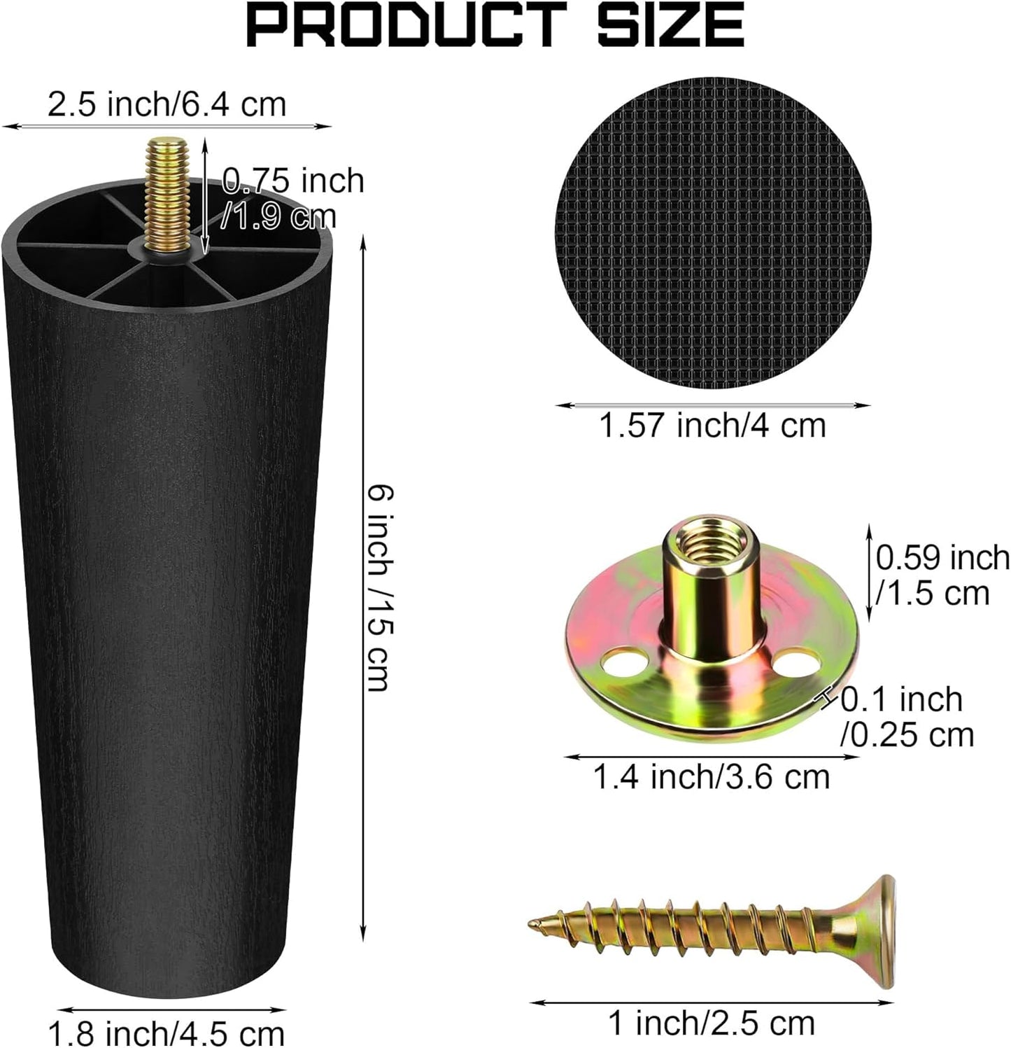TURSTIN 16 Pack 6 Inch Plastic Furniture Legs with M8 T-Nuts Screws Tapered Sofa Couch and Chair Legs Replacement Furniture Legs for DIY Projects Sofas Coffee Tables Dressers Beds
