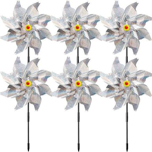 Sparkly Reflective Pinwheels with Stakes, Wind Spinners Outdoor Bird Scare Devices, Foil Pin Wheel Holographic Whirl Windmill for Yard Garden Decor Garden Wind Spinner 6 Packs - Silver