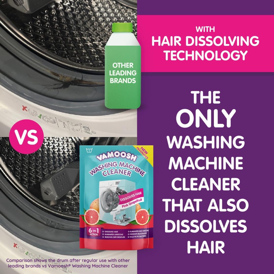 Vamoosh 6-in-1 Washing Machine Cleaner | Dissolves Pet Hair | Prevents Blockage | Grapefruit Scent | Removes Limescale | Deep Clean | Eliminates Odor | Made in the UK | 150g (Pack of 2)