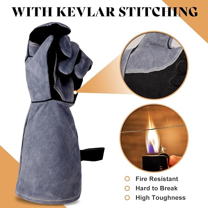 16" Leather Forge Welding Gloves, 932℉ Heat/Fire Resistant, Multi-Use Mitts for TIG/MIG Welding, BBQ, Oven, Baking, Furnace, Beekeeping, Animal Handling & Stove Safety，Ambidextrous