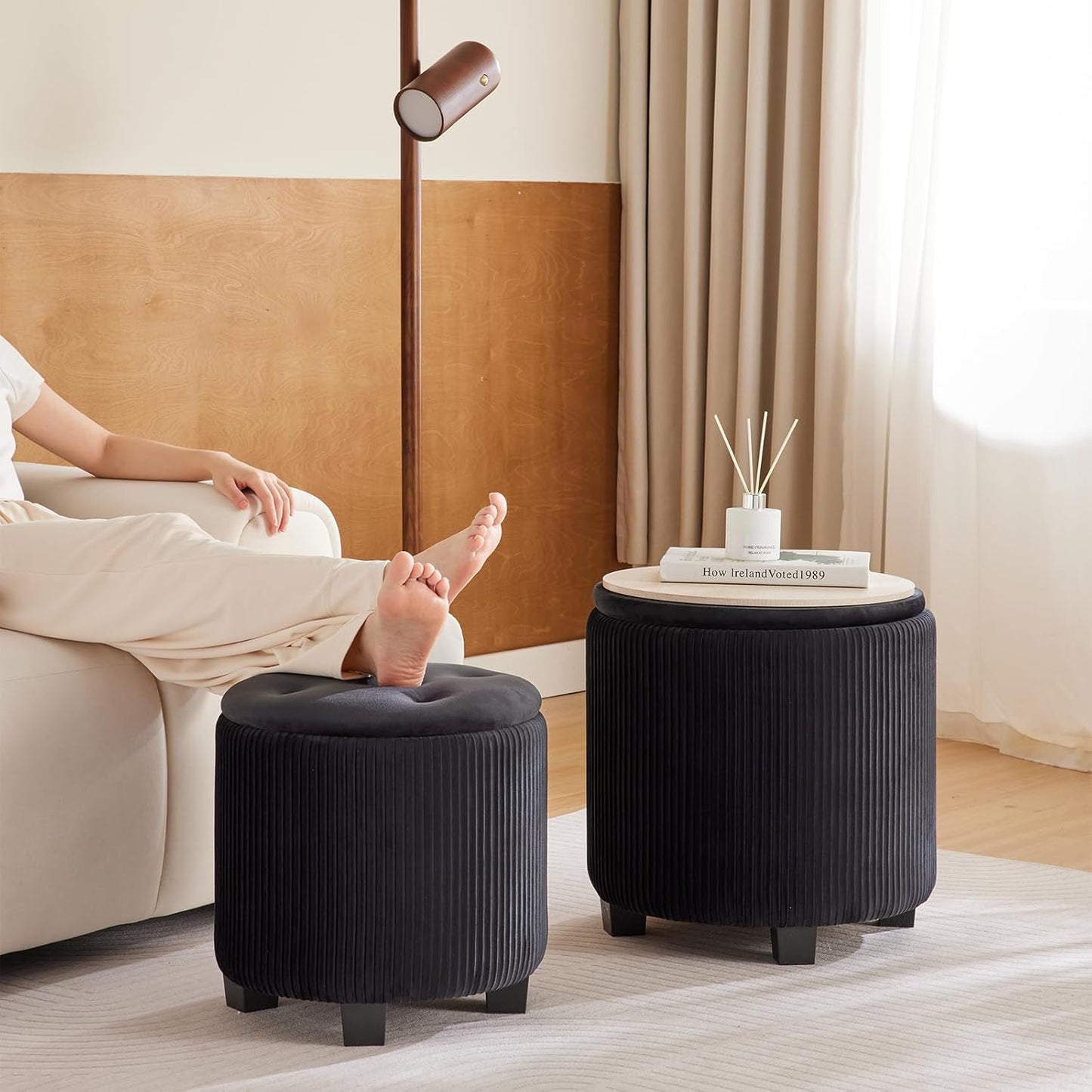 Big Round Ottoman with Storage Set of 2,Upholstered Velvet Vanity Stool for Makeup Multifunctional Foot Rest Coffee Table Padded Seat Tufted Ottomans for Living Room&Bedroom (Black)