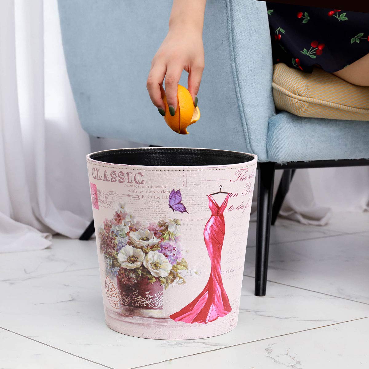 PU Leather Small Trash Can Wastebasket, Round Garbage Container Basket for Bathrooms, Laundry Room, Kitchens, Offices, Kids Rooms, Bedrooms,Dorms,Home Decorative Art Bin, 2.9 Gallon(Red Dress)