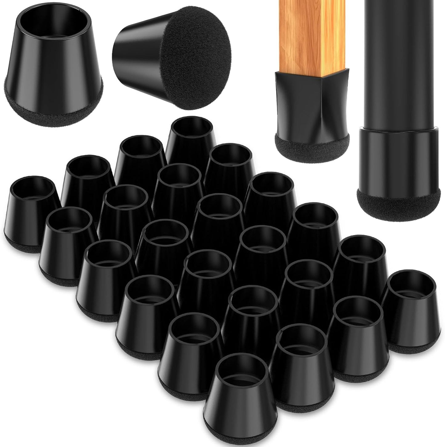 Chair Leg Floor Protectors Medium 24Pcs,Silicone Chair Leg Protectors for Hardwood Floors/Tiles,360°Wrapped Felt Bottom to Prevent Scratch and Reduce Noise, Round Black