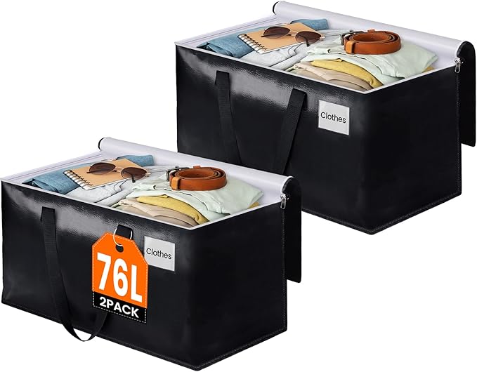 BlissTotes Moving Bags, Heavy Duty Moving Boxes with Zippers Top and Sturdy Handles, Storage Bags for Space Saving and Packing, Collapsible Moving Supplies, Storage Totes (76L, 2-Pack, Black)
