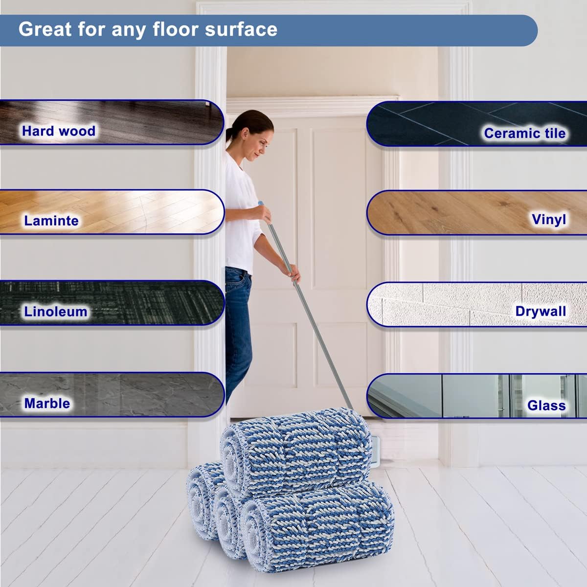 Replacement Microfiber Floor Cleaning Pads - 18''x5'' Dust Mop Refill Sweeping Pad Compatible with Bona Mop, Reusable Dry Mop Head Fits 17” to 18” Flat Mop - 4 Pack