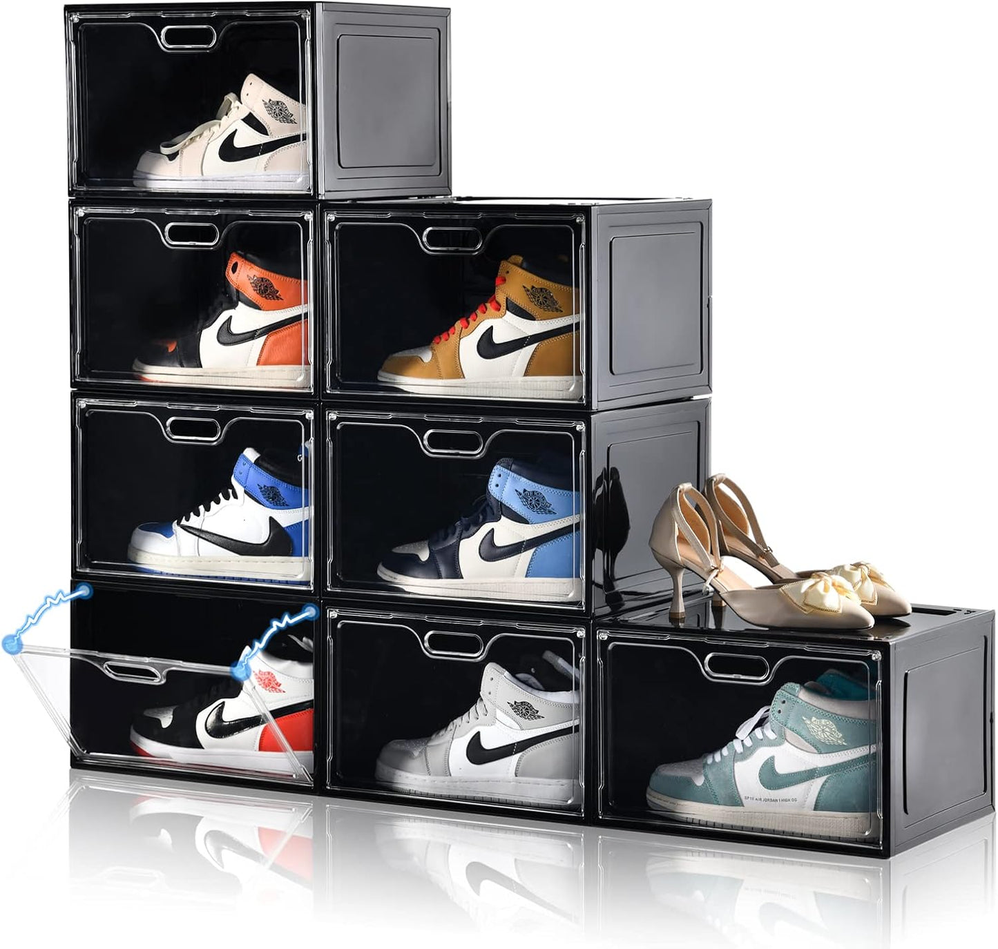 8 Pack Shoe Boxes Black Plastic Stackable, Large Shoe Storage Organizer,Drop Side Front Shoe Containers for Entryway,Sneaker Storage Fit up to US Size 13 for Men/Women(13’’x 10.6”x 8.3”)
