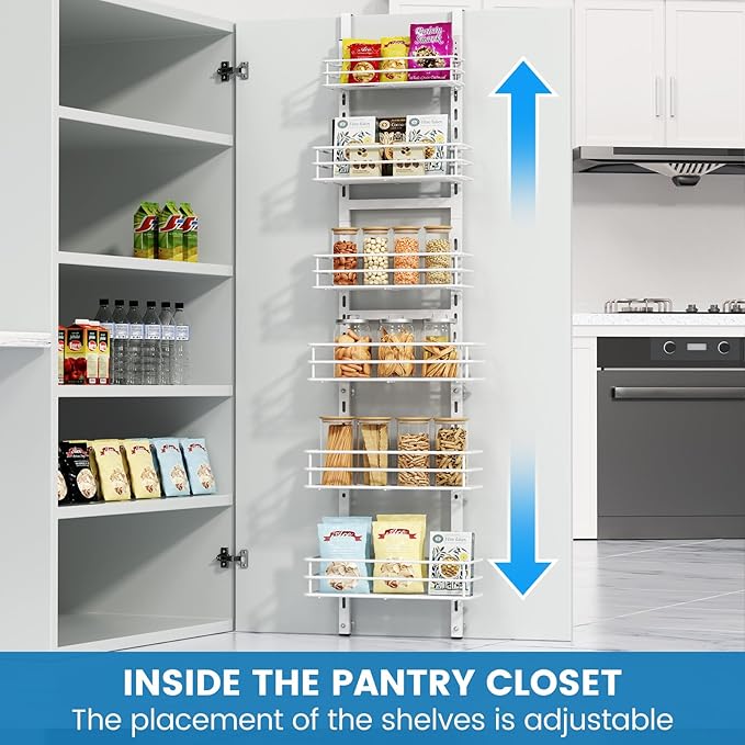 Adjustable 6-Tier Over the Door Pantry Organizer, Spice Rack, Narrow Hanging Shelf for Kitchen Storage and Organization (White)