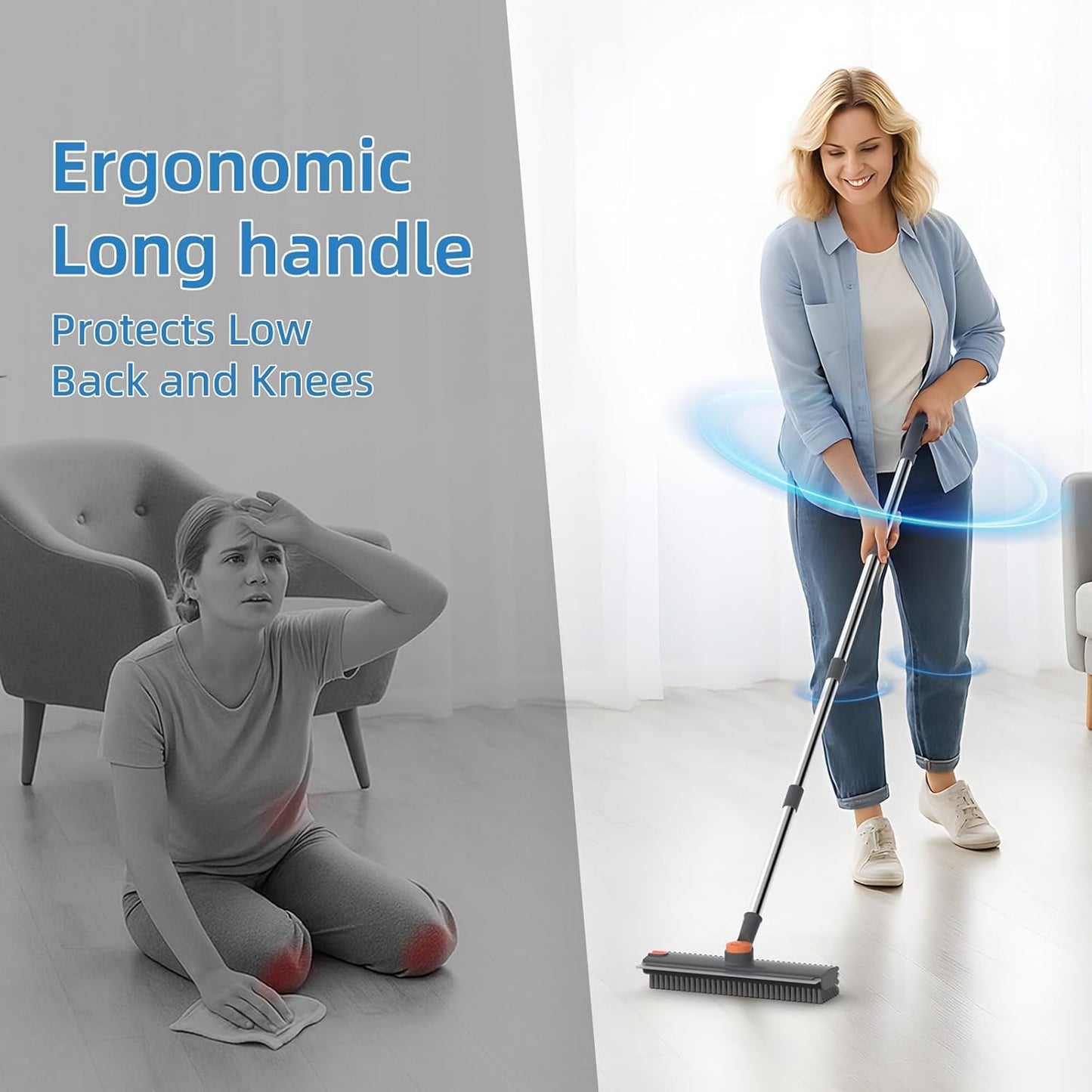 Scrub Brush with Long Handle, Floor Scrub Brush Squeegee Broom for Cleaning, 3 in 1 Shower Scrubber Floor Broom Squeegee for Concrete Tile Wall Deck Patio Grey