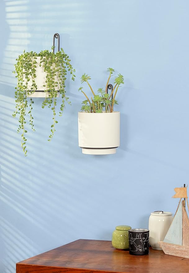 2 Pcs Wall Mounted Hanging Planter Vase for Indoor and Outdoor Plants Modern Metal Wall and Ceiling Planter Minimalist Flower Pot (White, 5.91 inch)