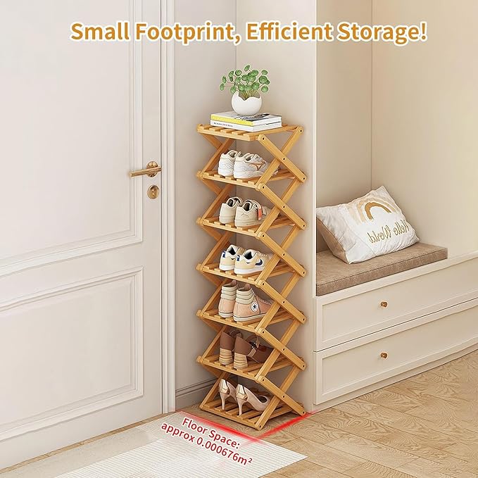 YYW Bamboo Shoe Rack for Entryway,Installation-Free and Foldable Vertical Shoe Storage Organizer,Free Standing Shoe Racks Shelf Closet Shoe Organizer for Living Room (Tawny-2 Layers)