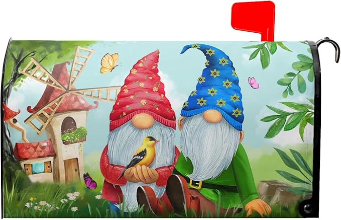 Sweet Gnome Mailbox Covers Magnetic Spring Gnomes Decorative Mailboxes Wraps Post Letter Box Cover Standard Size 21x18 Inch for Outdoor Garden Yard Home Decor Outside