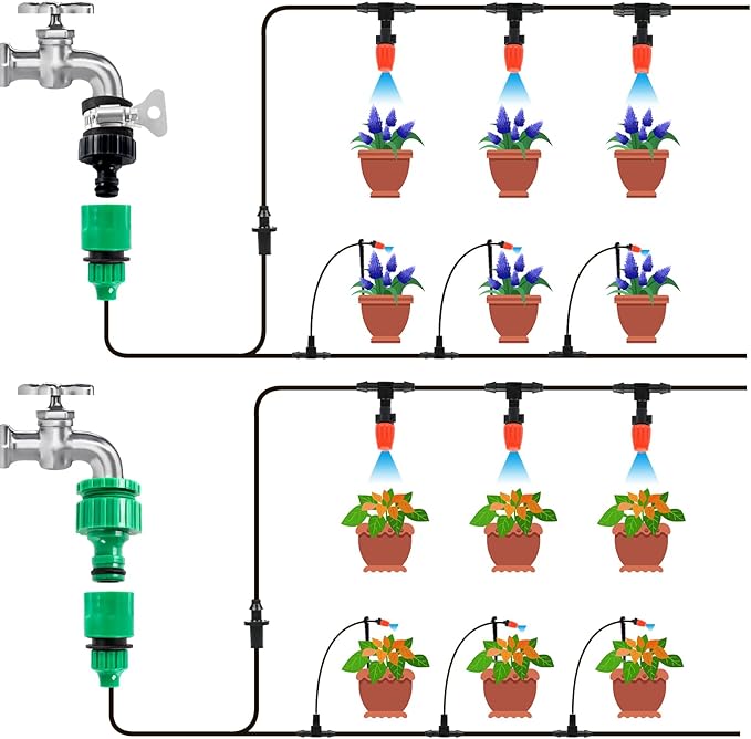 MIXC 1/4-inch Mist Irrigation Kits Accessories Plant Watering System with 50ft 1/4” Blank Distribution Tubing Hose, 20pcs Misters, 39pcs Barbed Fittings, Support Stakes, Quick Adapter, Model: GG0B