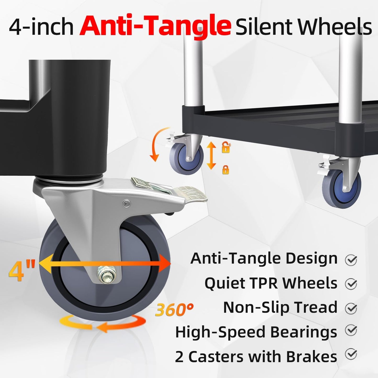 Plastic Utility Cart with Anti-Tangle Wheels, Solid Armrests, 350 Lbs Heavy Duty Capacity, 3-Tier Rolling Serving Cart for Home, Office, Restaurant, Warehouse.34.2" × 17" × 37"