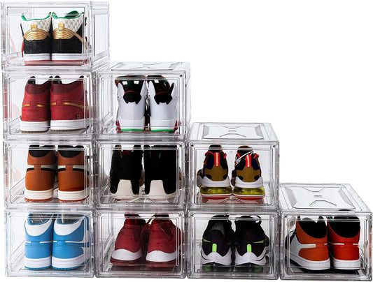 Clear Shoe Boxes Stackable 10 Pack Shoe Storage for Sneakerheads, Front Opening Shoe Organizer, Magnetic Door, Strong and Sturdy Fit for Large Size Shoes 14.96 x 10.24 x 7.87 inches