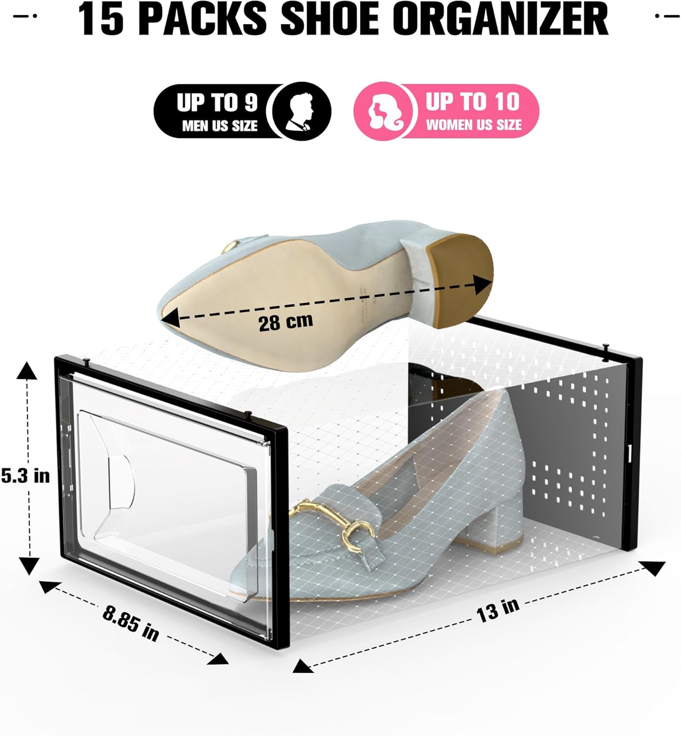 Kuject 15 Pack Shoe Storage Boxes, Clear Plastic Stackable Shoe Organizer for Closet, Connect Left and Right Shoe Boxes Case Container Bin for Entryway, Drop Front, Fit for Size 10(Black)