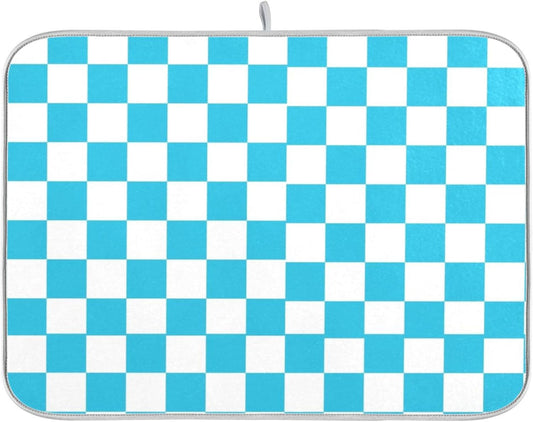 Turquoise Chessboard Dish Drying Mat for Kitchen Countertop 18x24 Teal Plaid Checkered Rectangle Large Drying Mat Reusable Quick Dry Dish Sink Absorbent Mats Easy Clean Decorative Home Essentials