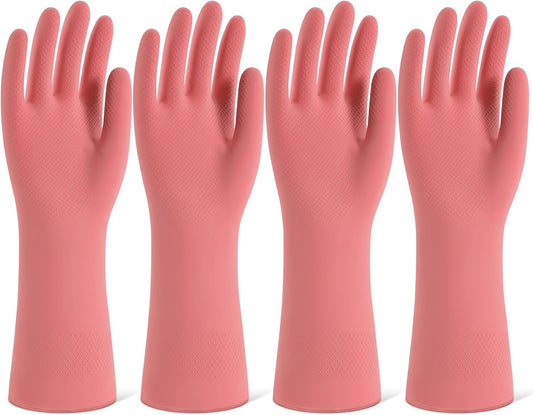 Rubber Cleaning Gloves for Dishwashing, 4 Pairs Reusable Kitchen Gloves for Washing Dishes and Household Cleaning, Pink Dish Gloves with Flocked Lining and Non-Slip Grip, Pefect for Woman Men - L