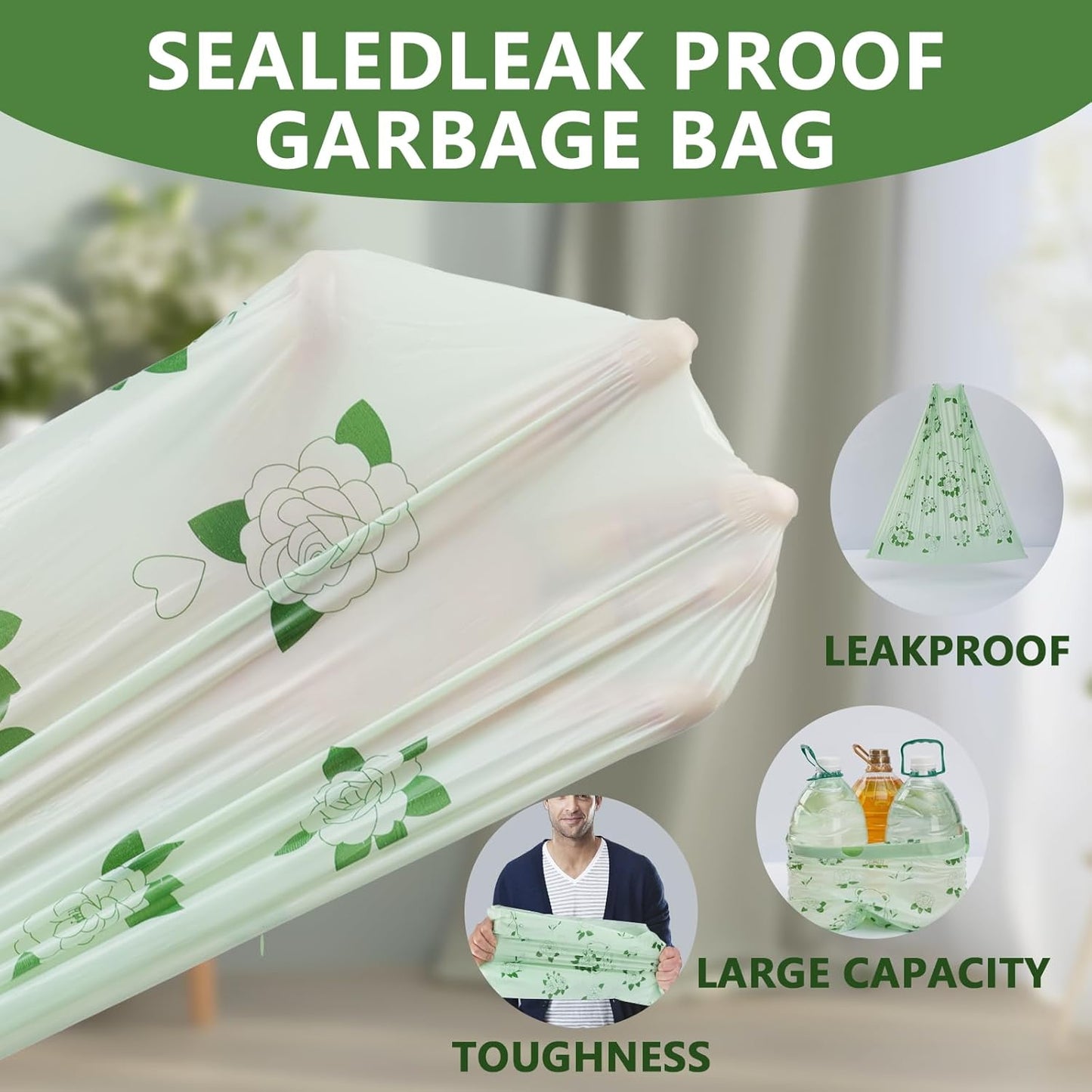 VOK 8 Gallon Trash Bags Drawstring, Medium Trash Bags for Office, Kitchen, Bedroom Trash Cans, Colored Portable Sturdy Garbage Bags 8 Gallon with Camellia Flower Scent, 60 Counts