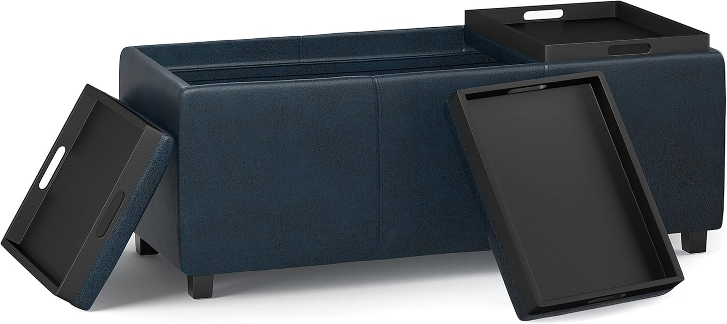 SIMPLIHOME Avalon 42 inch Wide Contemporary Rectangle Storage Ottoman in Distressed Dark Blue Vegan Faux Leather, Assembled, for the Living Room, Entryway and Family Room