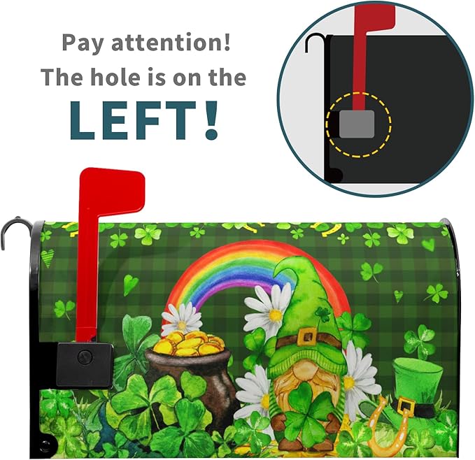 St. Patrick's Day Green Gnome Magnetic Mailbox Cover - Green Buffalo Plaid, Good Luck Leaf & Rainbow Design - Standard Size 25.5x21 Inch for Home & Outdoor Garden