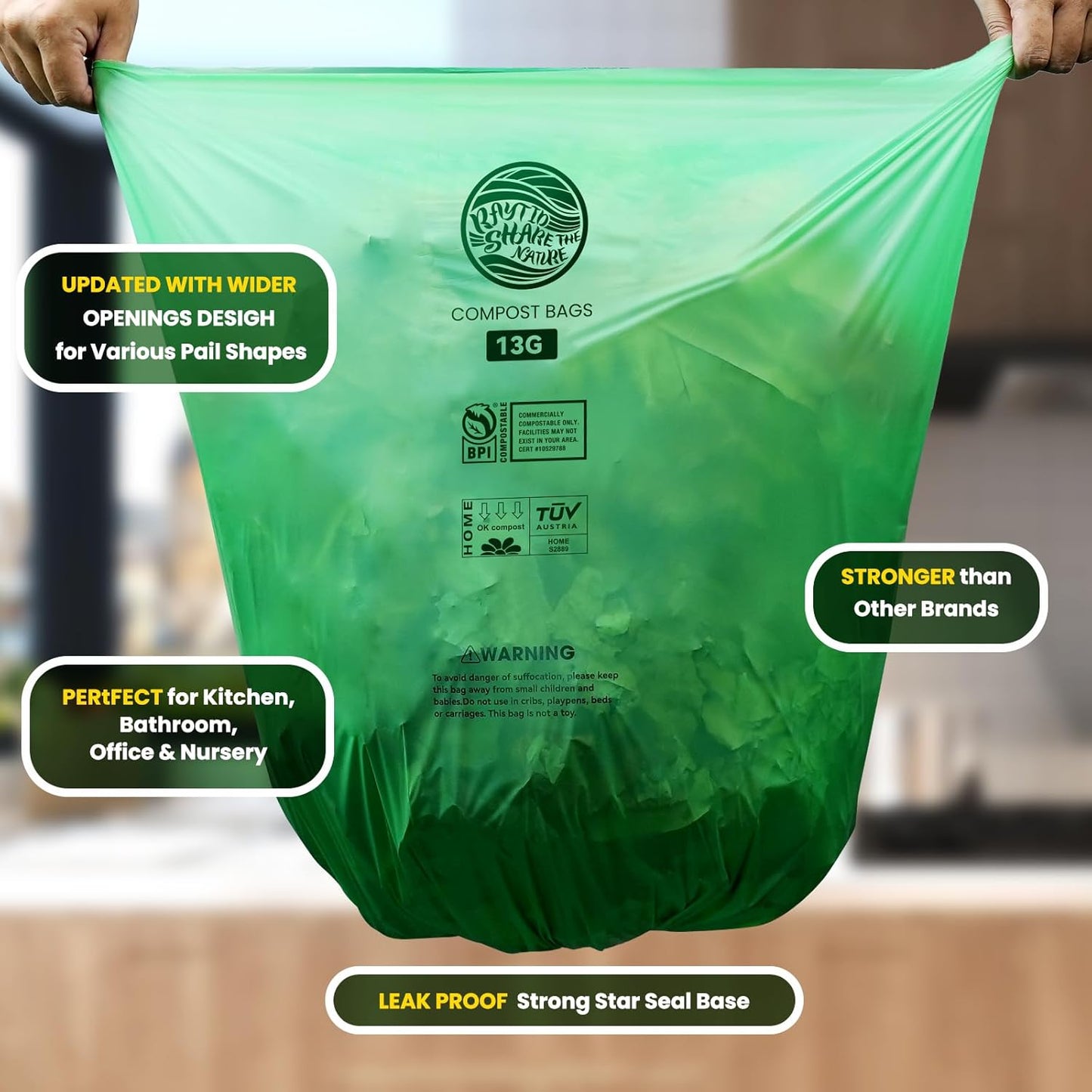 Trash bags 13+ gallon tall kitchen,Compostable Trash Lawn & Leaf Yard Waste Bags,Kitchen Compost Trash Bin Compatible,Extra Thick1.1 Mills,Certified by BPI and OK Compost(50count)