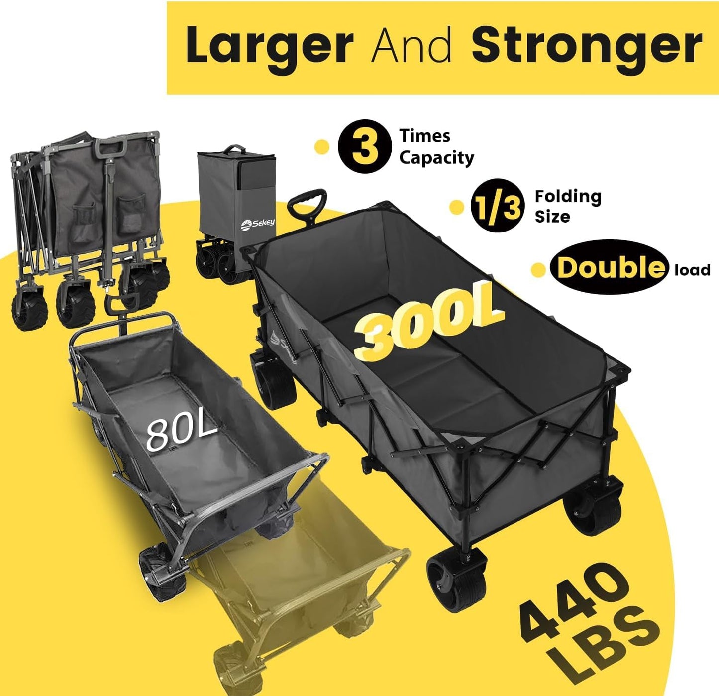 Sekey 48''L Collapsible Foldable Extended Wagon with 440lbs Weight Capacity, Heavy Duty 300L Folding Utility Garden Cart with Big All-Terrain Beach Wheels & Drink Holders. Grey