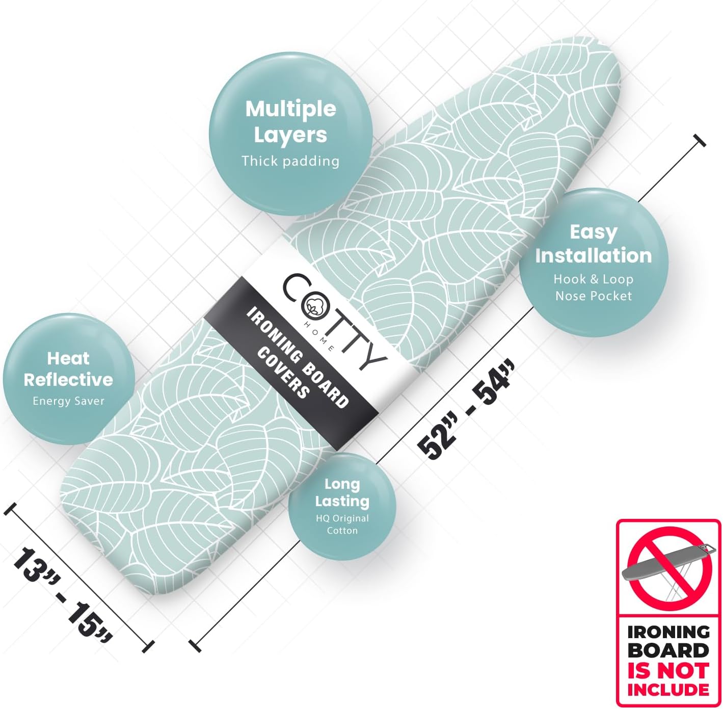 Extra Thick Ironing Board Covers with Pad Standard Size 15x54, Heat Reflective Full Scorch Resistant Padding, Snug Fit Non-Slip Nose Pocket Fastener Straps Elastic Edges, Green Floral