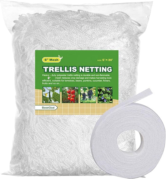 All-Weather Trellis Netting Mesh Plant Garden Vine Growing Flexible String Net (6" Mesh ployester, 5' Wx 30'L)