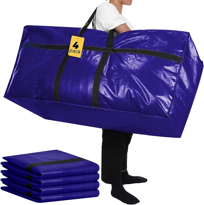4 Pcs 66 Gallon Large Moving Bags with Zipper and Handles Foldable Storage Duffle Bags Heavy Duty Extra Large Totes for College Dorm Travel Clothes Blankets Bedding Moving (Navy Blue)