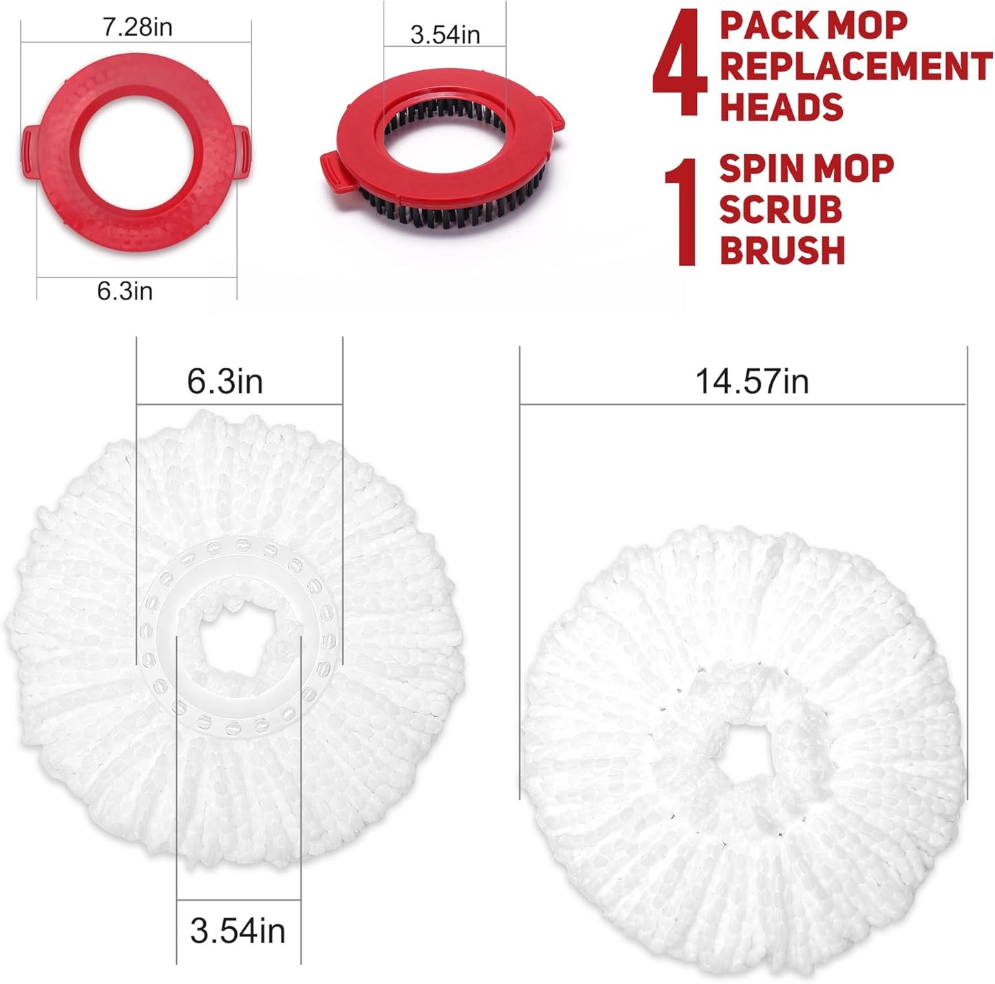 4-Pack White Mop Replacement Heads with 1 Spin Mop Scrub Brush - Microfiber Replacement Mop Heads Universal for 360°Spin Magic Mopping,Round Shape Standard Size