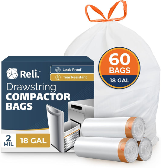 Reli. 18 Gallon Trash Compactor Bags (60 Pack) | 2 Mil Heavy Duty | Compatible with Kitchenaid, Whirpool, GE 15 Inch Compactors | No Slip Drawstring Kitchen Trash Bags | Leak-Proof & Tear Resistant