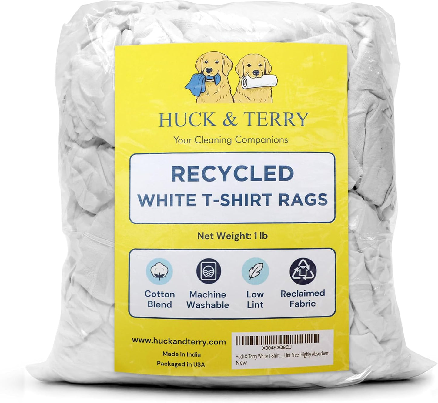 Huck & Terry White T-Shirt Bag of Rags (1 LB Bag), 100% Recycled Material, Cotton Blend Bar Mop, Reclaimed, Eco-Friendly Cloth, Cleaning & Painting Rags, Lint Free, Highly Absorbent