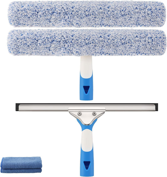 Professional Window Cleaning Kit 14IN, with Silicone Squeegee Blade, Microfiber Scrubber & Cloth, Windows Cleaning Tools, All-in-one Window Washing Supplies, Commercial & Household Use