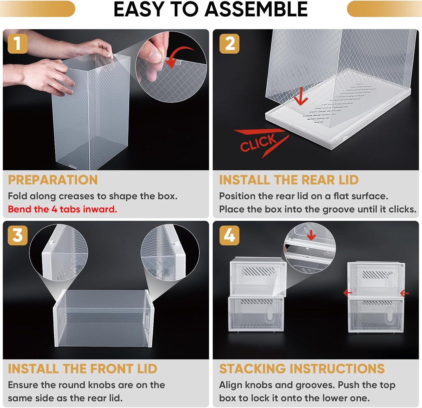 BALEINE 12 Pack Stackable Shoe Storage Boxes Fit Size 9, Thickened Clear Shoe Box Bins with Lids, Plastic Foldable Organizer Sneaker Storage Containers (Large, Black)