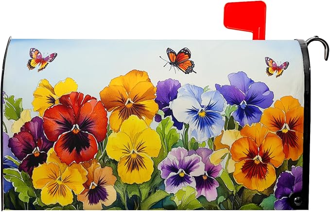 Watercolor Floral Mailbox Covers Magnetic Standard Size 21’’x18’’ Spring Summer Flowers Butterfly Letter Box Wrap Colorful Flower Seasonal Waterproof Post Letter Box Cover for Outdoor Garden Yard