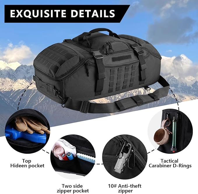Travel Gym Duffle Bag Tactical, for Men Women Multi-functional Backpack,3 in 1 Shoulder Bag Backpack Handbag for Sports Hiking Camping, Water Resistant & Easy Clean (Black, 55L)