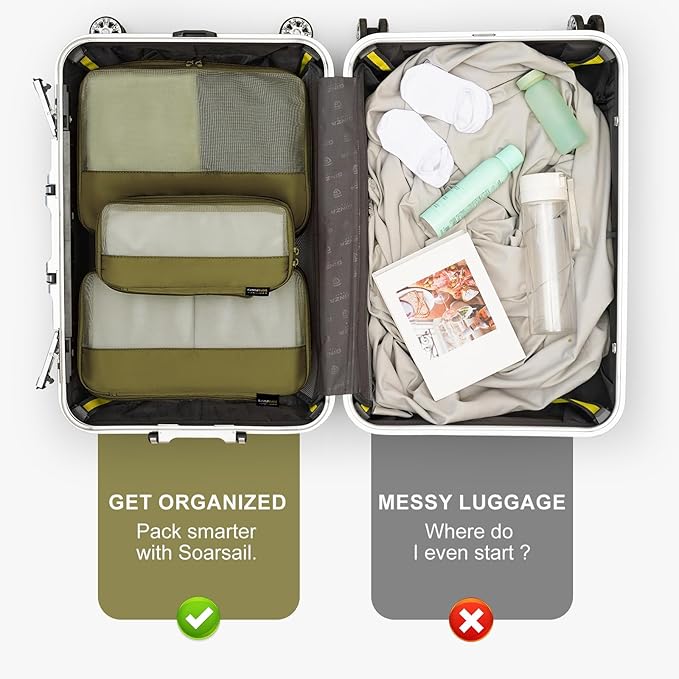 Compression Travel Packing Cubes, 6 Set Expandable Luggage Organizer Bags, Durable Travel Accessories for Suitcases, Backpacks, and Carry-Ons (Army Green)