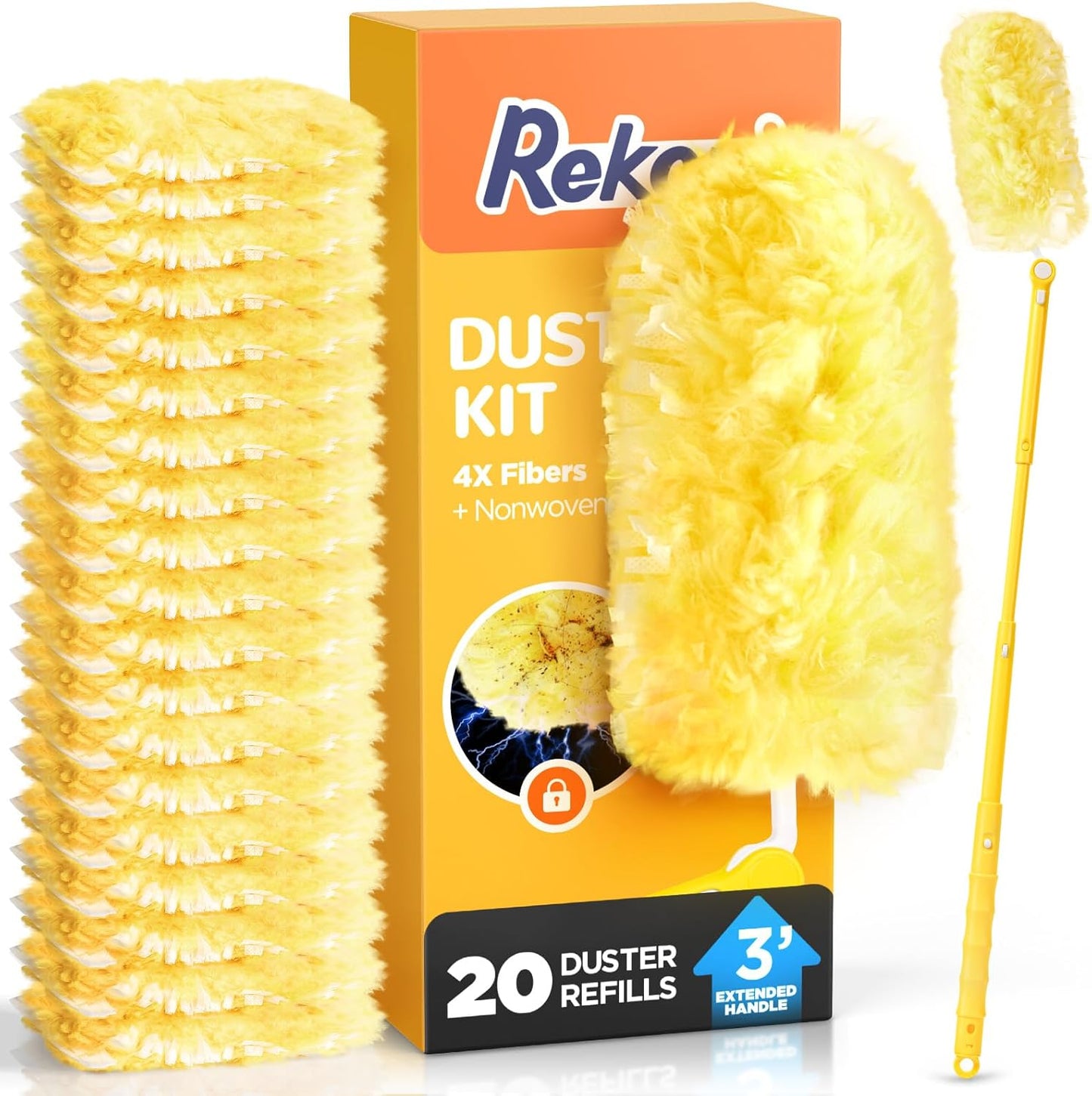 Heavy Duty Duster Refill Kit for Swiffer Duster with 3 ft Extension Pole & 20 Count Refills, 4X Microfibers Multisurface Dusters for Cleaning Home, Celling Fan, Blinds, Vent & Shelves