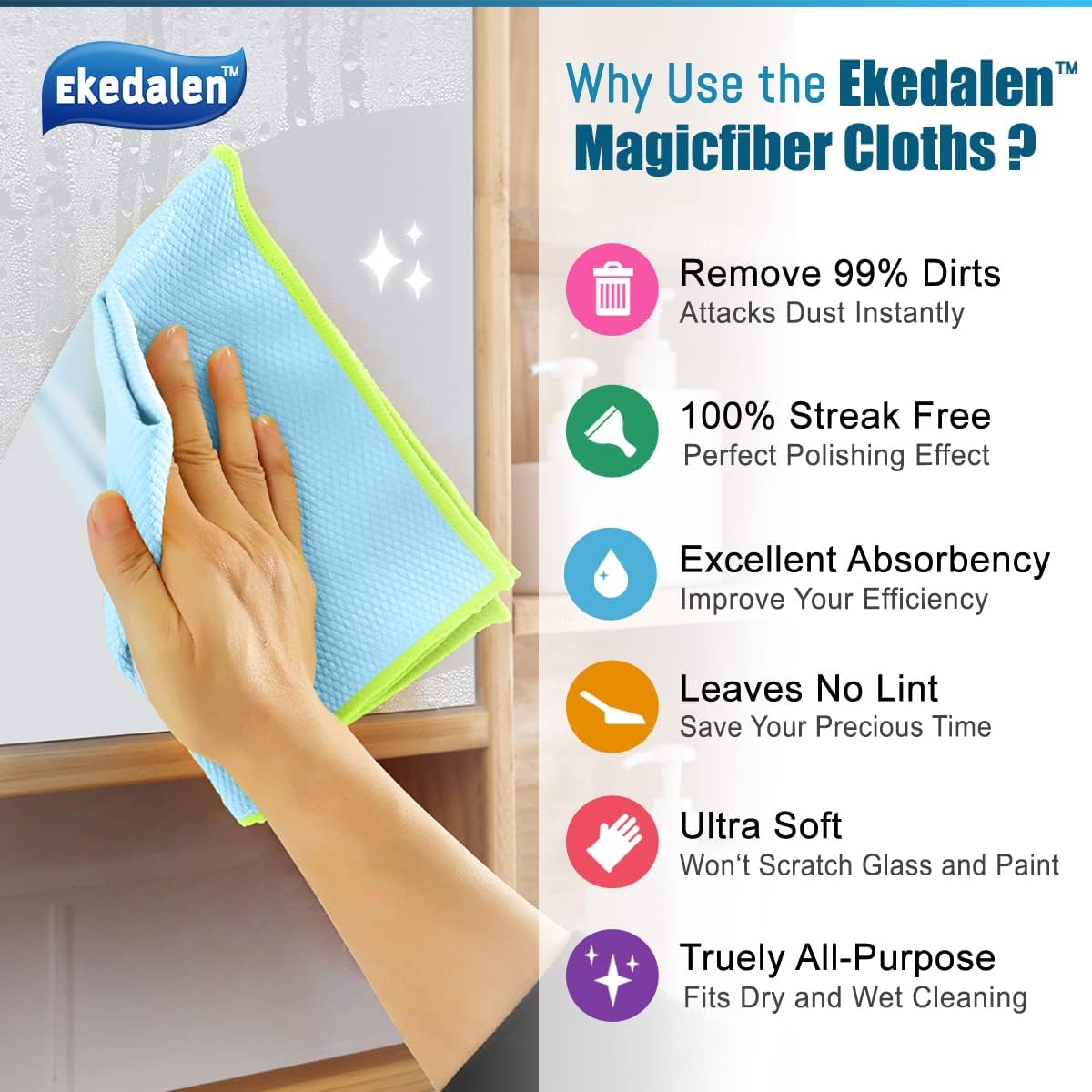 Microfiber Cleaning Cloth Lint Free Glass Cleaner Window Polishing Streak Free Miracle Easy Clean Rag Reusable for Mirror Kitchen Dish Auto Detailing,Pack of 8, 12'' x 16'', Light Blue