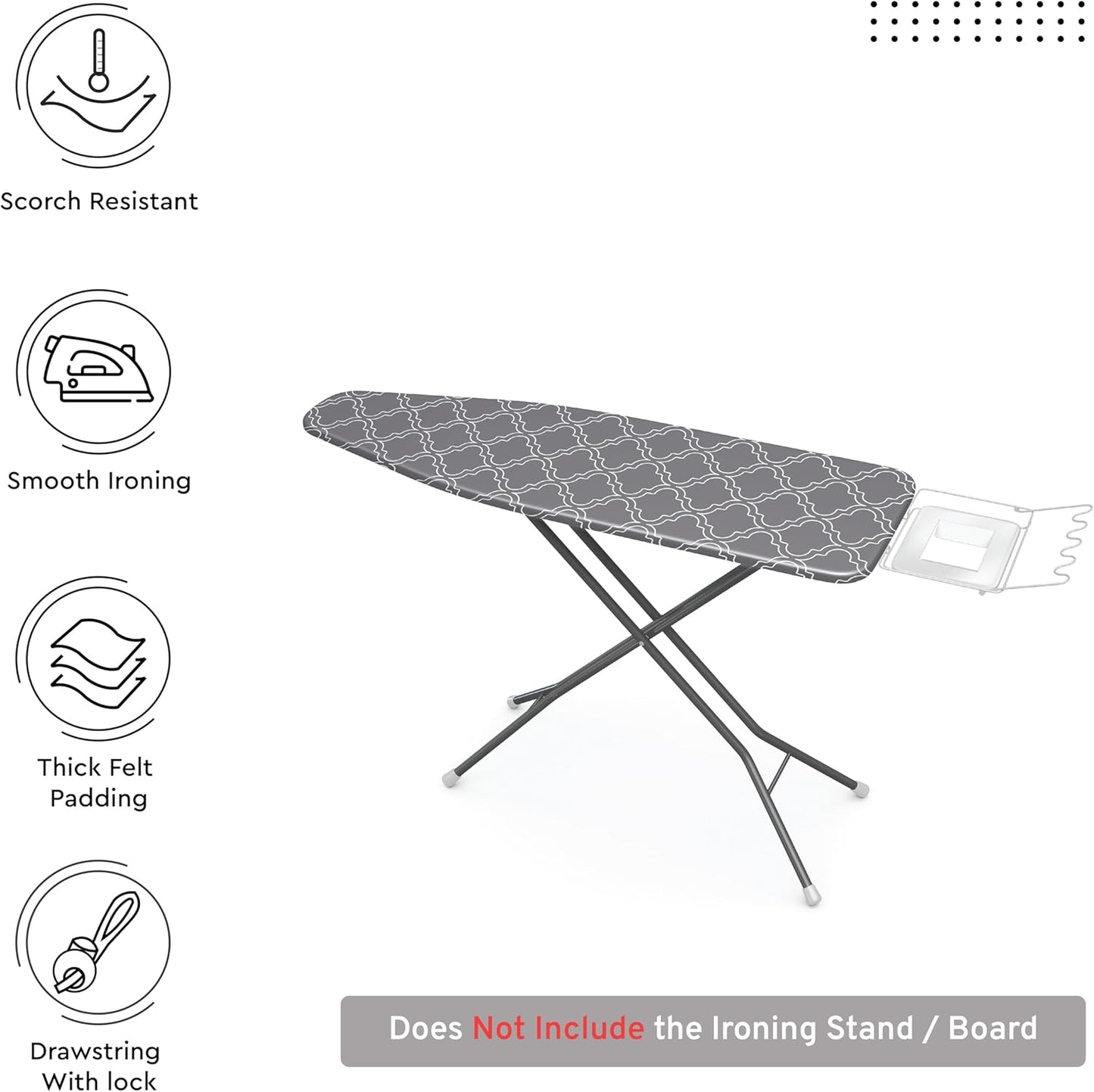 Encasa XO Ironing Board Cover and Pad 49"x18" - Thick 3mm Felt Padding, Drawstring Tightening & Lock, Easy Fit, Scorch & Stain Resistant, Fits Wide Ironing Board - Grey Tiles