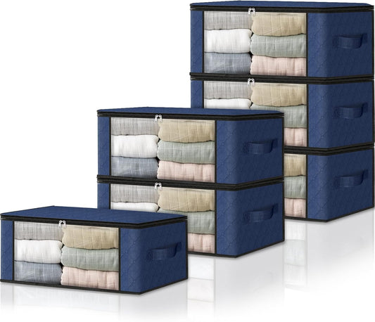 HomeHacks Storage 6-Pack Clothes Organizer Storage Bags Foldable Storage Box with Large Clear Window Sturdy Handles for Closet, Dorm, Pillows, Bedding, Clothes, Blankets, 35L, Blue