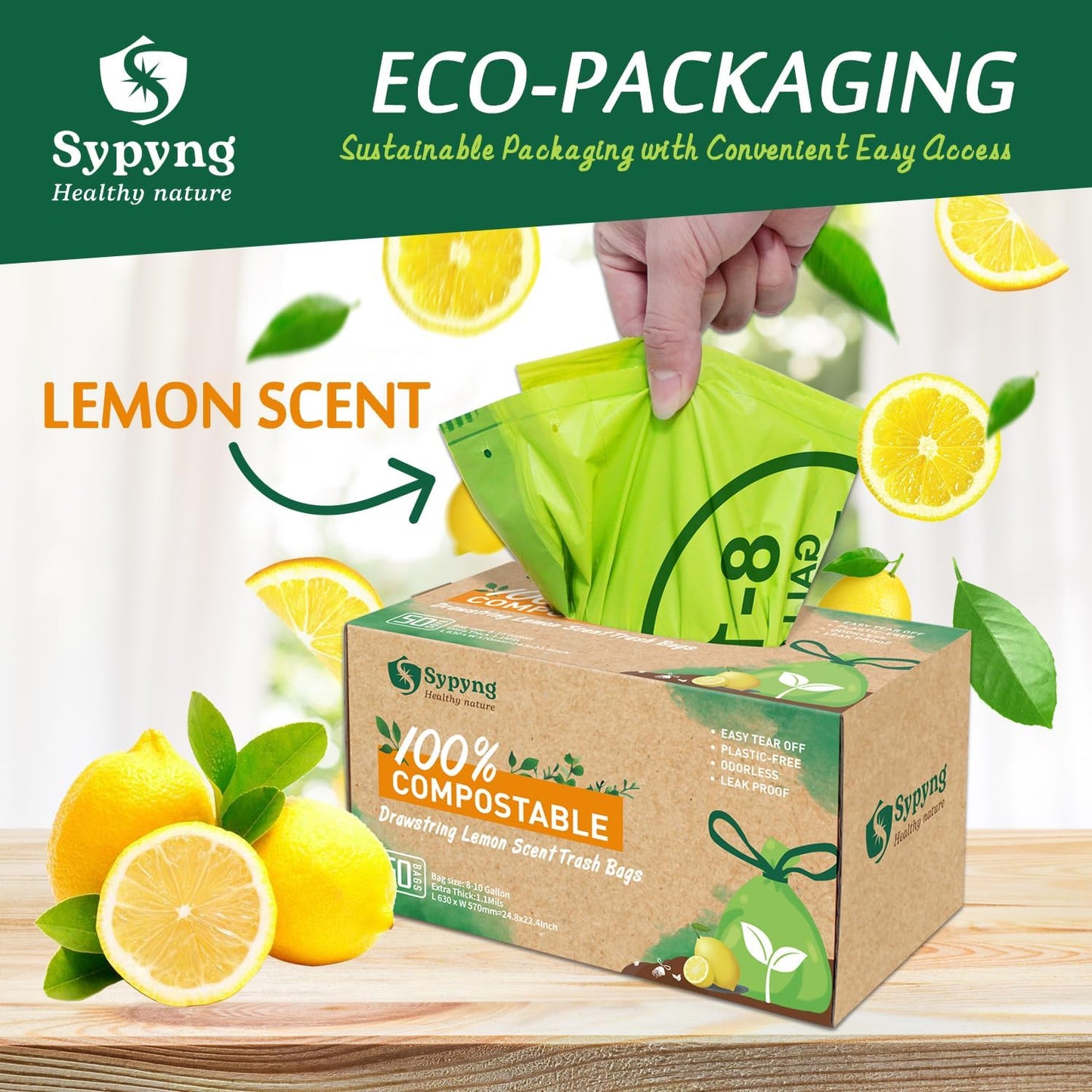 Compostable Kitchen Trash Bags 8-10 Gallon (50-Pack) – Heavy-Duty, 1.1 Mil Thick, 100% Biodegradable Bag for Medium to Large Bins. ASTM D6400, BPI & OK Compost HOME Certified Eco-friendly & Recyclable