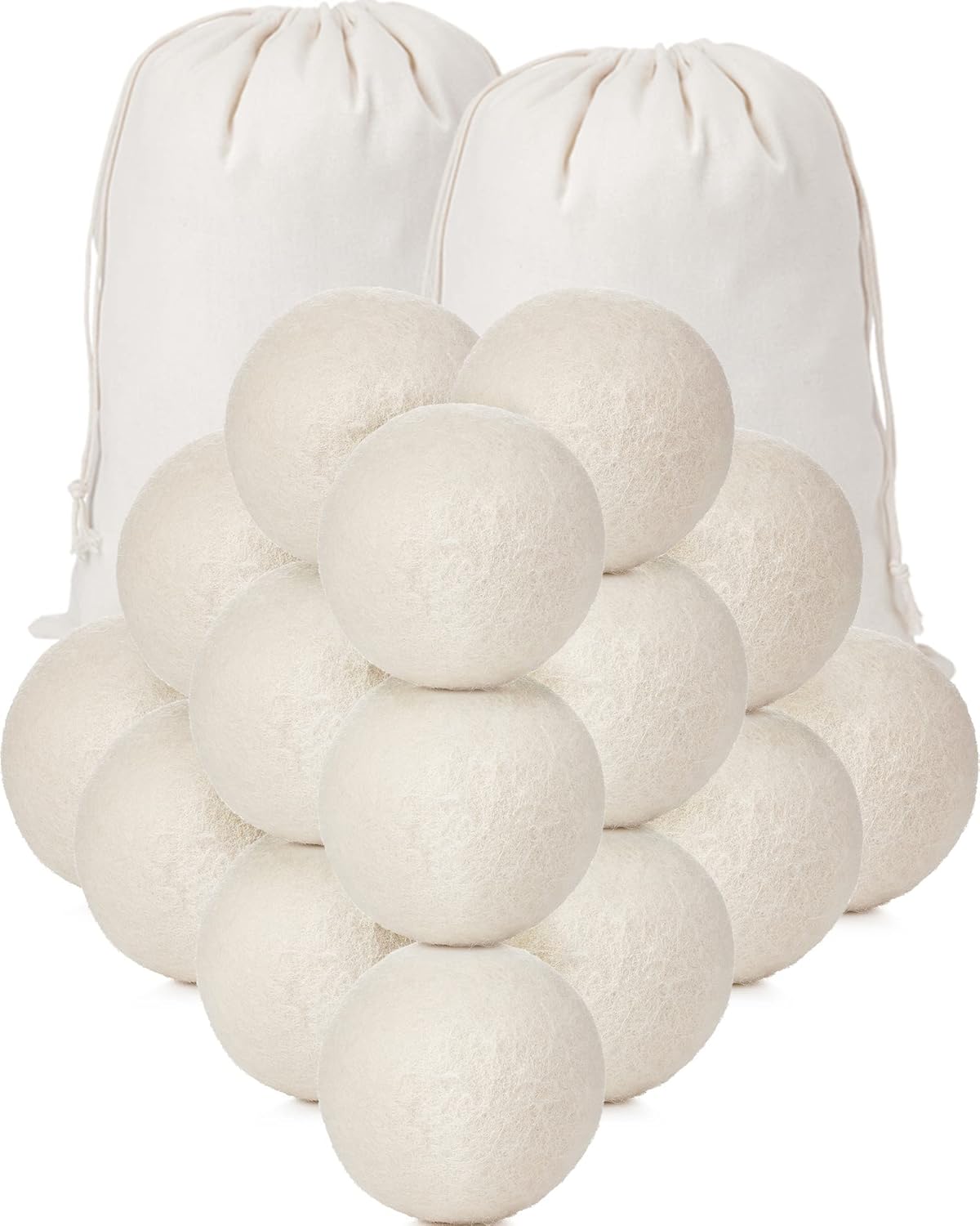 Kenning 26 Pieces Wool Dryer Balls Set, 24 Reusable Dryer Balls with 2 Muslin Bags Fabric Softener for Clothes Laundry Anti Wrinkle Anti Static Saving Energy and Time(White)