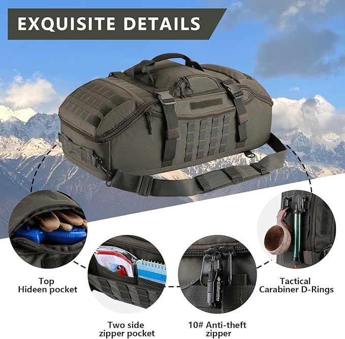 Travel Gym Duffle Bag Tactical, Gear Backpack for Men Women, Large Duffle Hand Bag for Travel, 3 in 1 Shoulder Backpack for Sports Hiking Camping, Water Resistant & Easy Clean (Army Green, 65L)